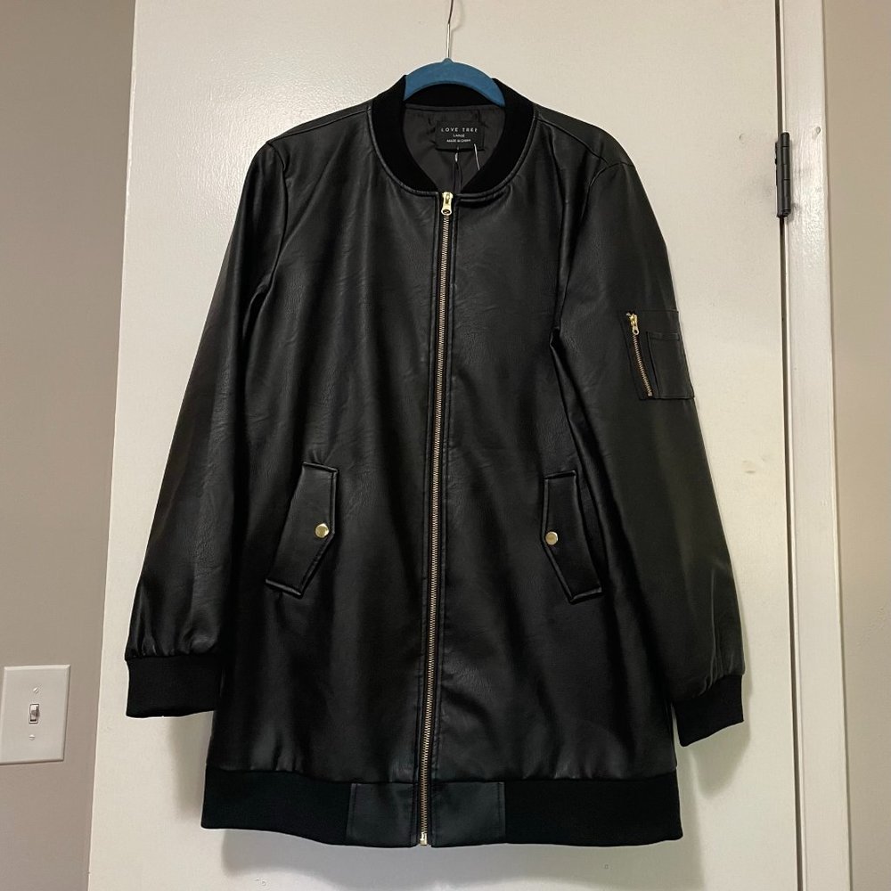 LOVE TREE | Long Faux Leather Bomber Jacket | NWT | Women's Size Large